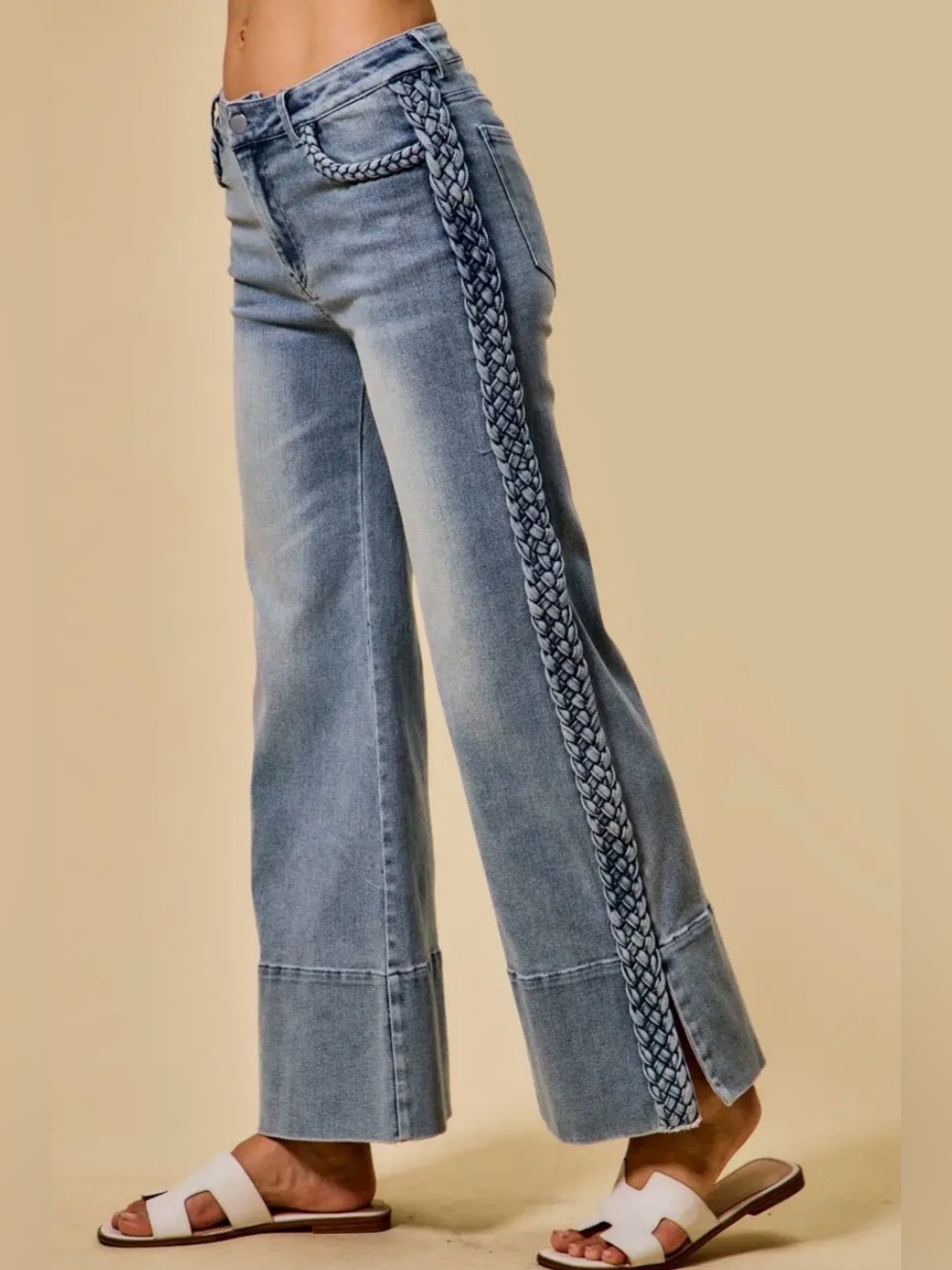 So Me Light Blue Braided-Trim Wide Leg Jeans